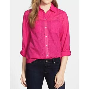 Foxcroft Womens Hot Pink Floral Burnout Shaped Roll Tab Button-Up Shirt Size 8P
